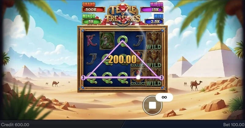 Temple of Treasures - หน้าจอหลักพร้อมวงล้อและฉากอียิปต์